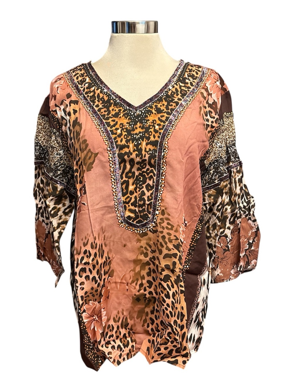 Women's Pink Brown Leopard Print V-Neck Tunic Top 3/4” sleeves size medium NWOT